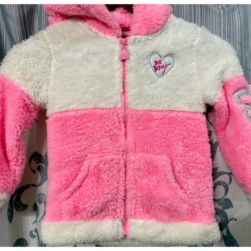 Betsey Johnson Kid's Fuzzy Warm Cozy Pink White Hoodie Size S, EUC